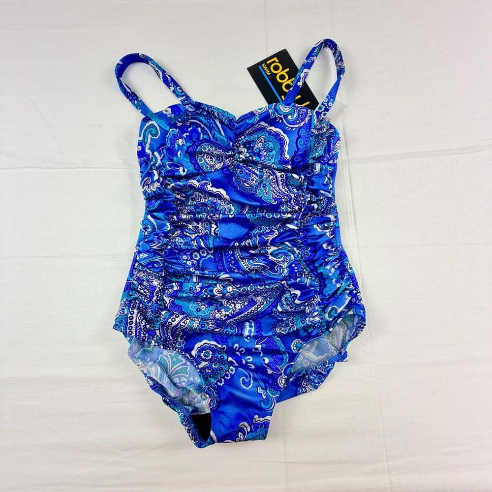 NWT Robby Len Blue Paisley Ruched One-Piece Swimsuit Size 8